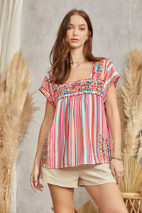 Thumbnail for Squared Neckline Embroidered Top: MULTI