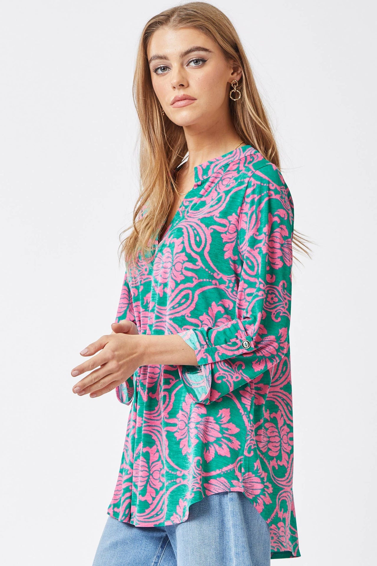 3/4 Sleeve Lizzy Wrinkle Free Blouse: Emerald Pink