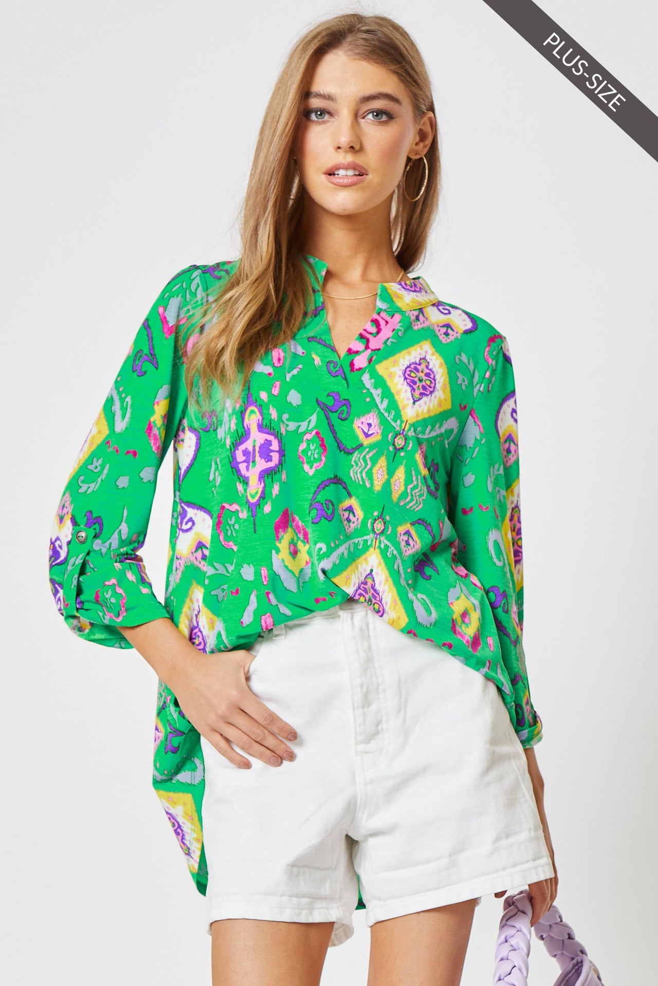 PLUS SIZE 3/4 Sleeve Lizzy Wrinkle Free Blouse: Emerald
