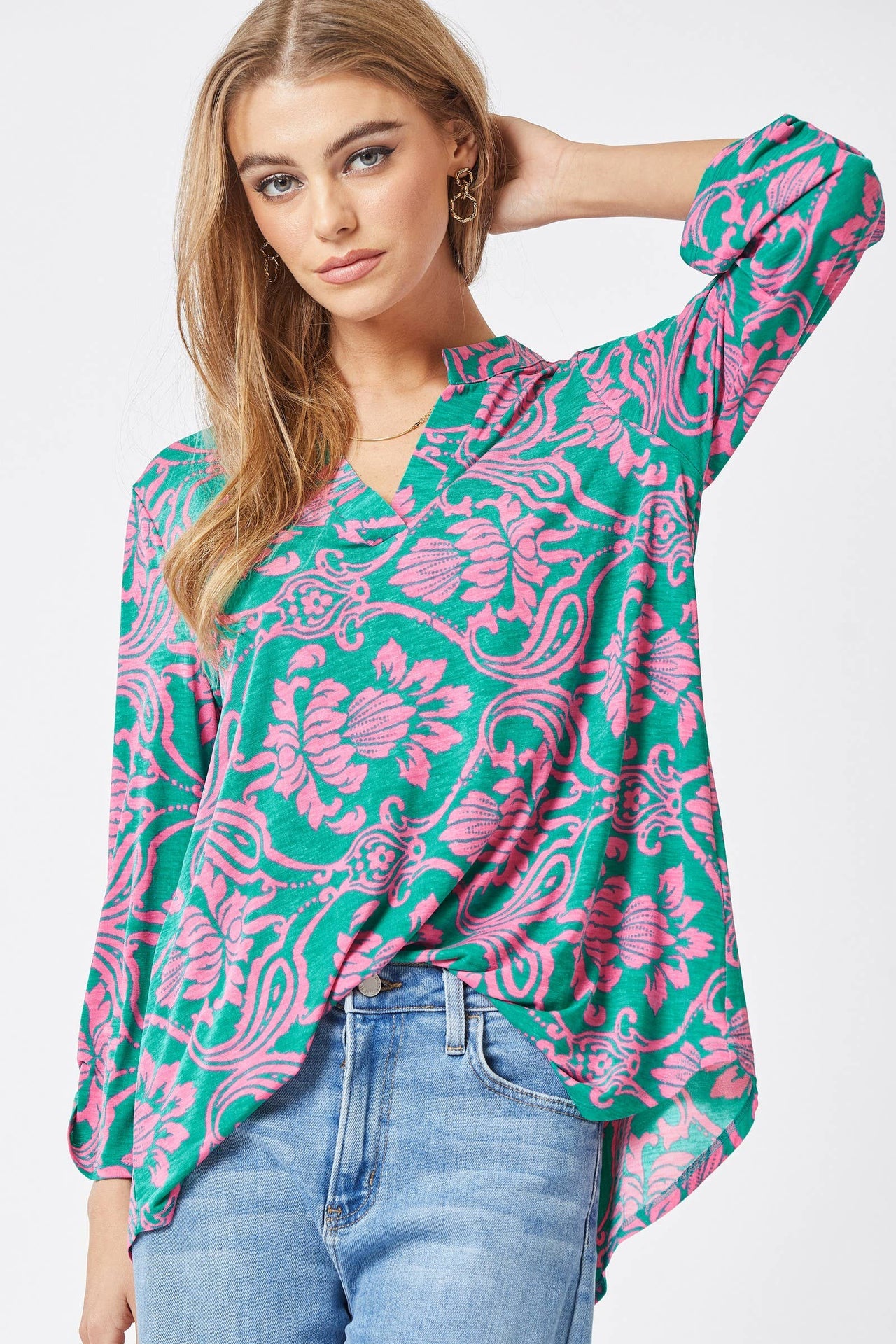 3/4 Sleeve Lizzy Wrinkle Free Blouse: Emerald Pink