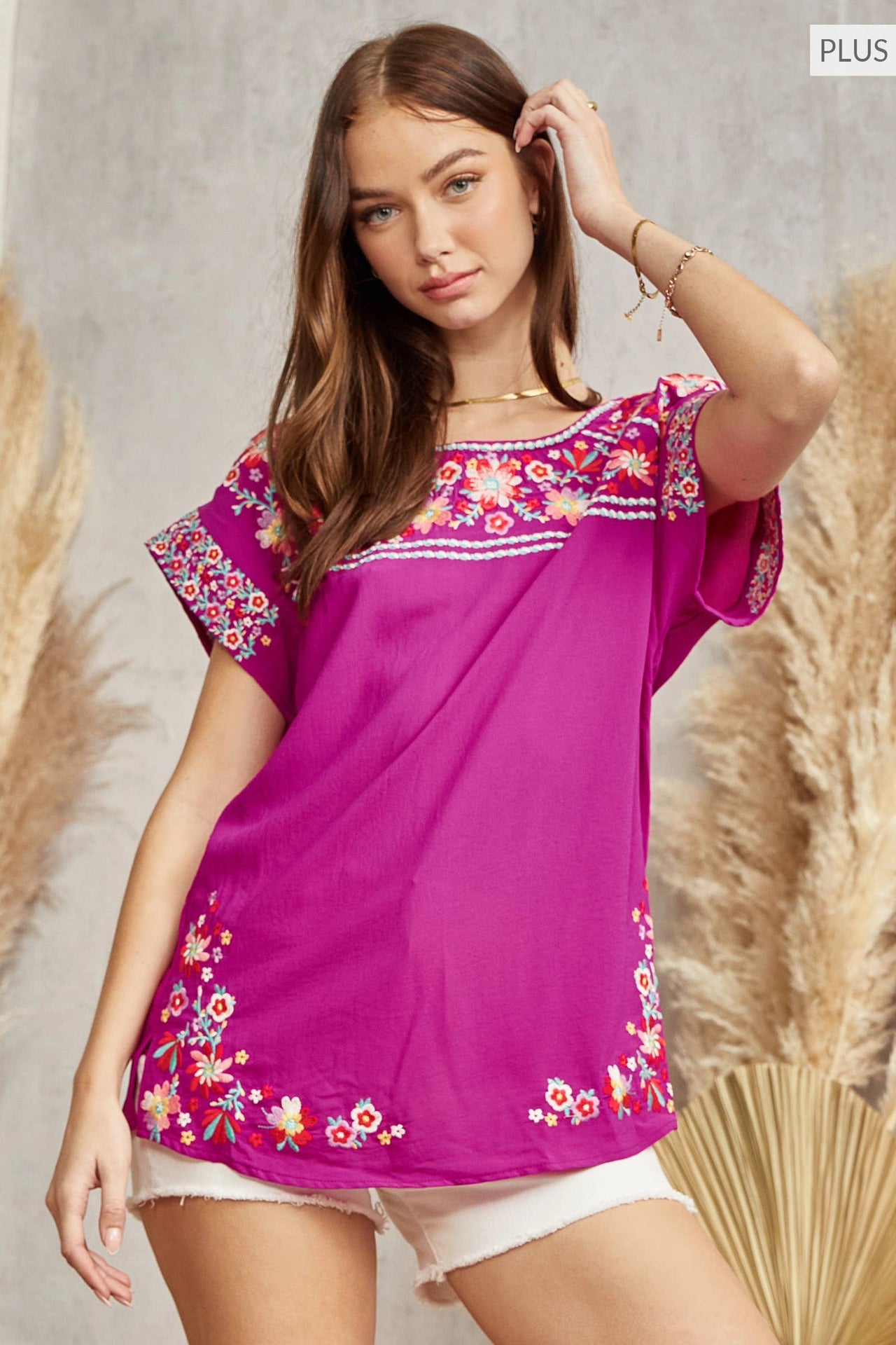 PLUS SIZE Embroidered Top: MAGENTA