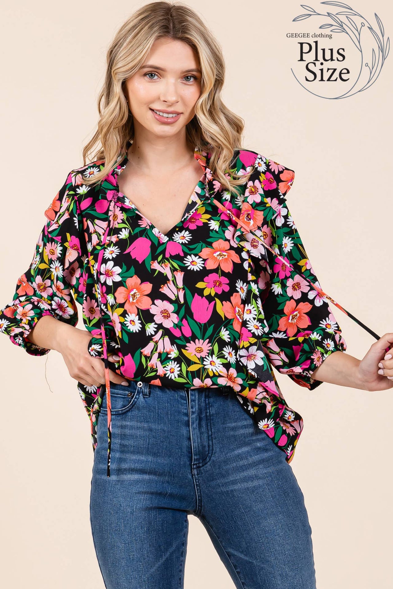 Plus Floral Print Ruffle Trim Blouse