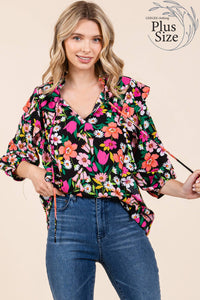 Thumbnail for Plus Floral Print Ruffle Trim Blouse