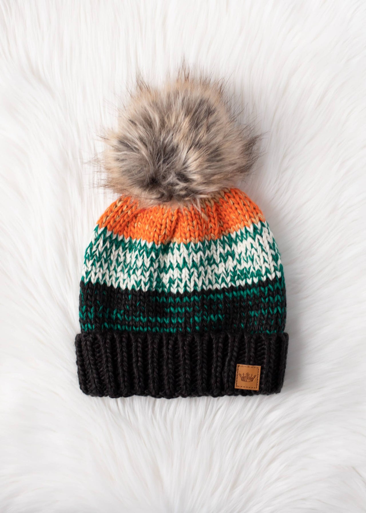 Black, Green & Orange Patterned Pom Hat