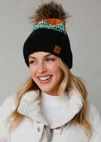 Thumbnail for Black, Green & Orange Patterned Pom Hat