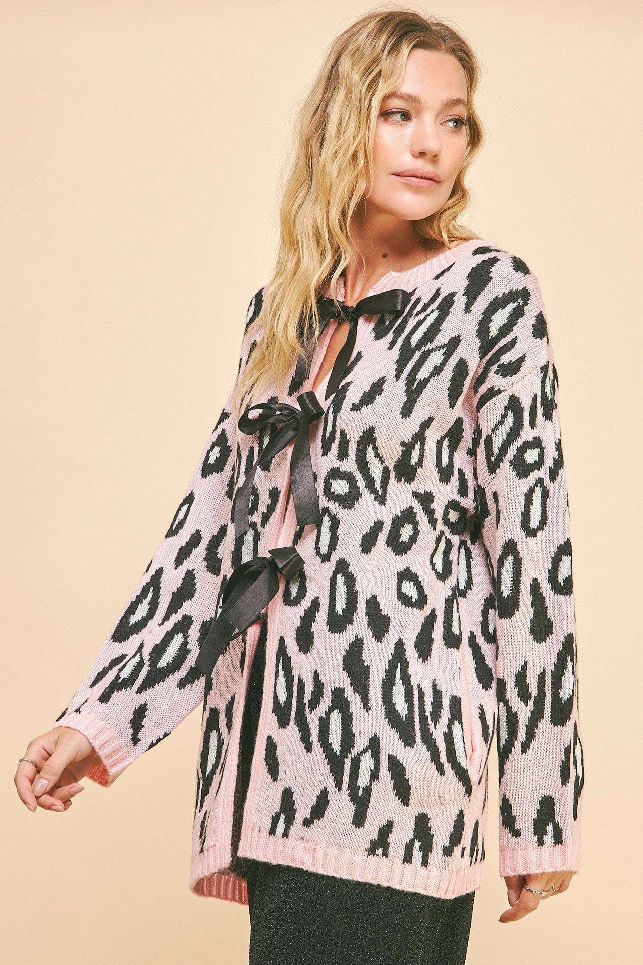 LEOPARD RIBBON TIE FRONT LOOSE FIT KNIT CARDIGAN