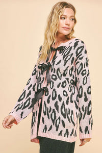 Thumbnail for LEOPARD RIBBON TIE FRONT LOOSE FIT KNIT CARDIGAN