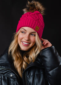 Thumbnail for Bright Pink Cable Knit Pom Hat