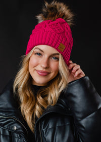 Thumbnail for Bright Pink Cable Knit Pom Hat