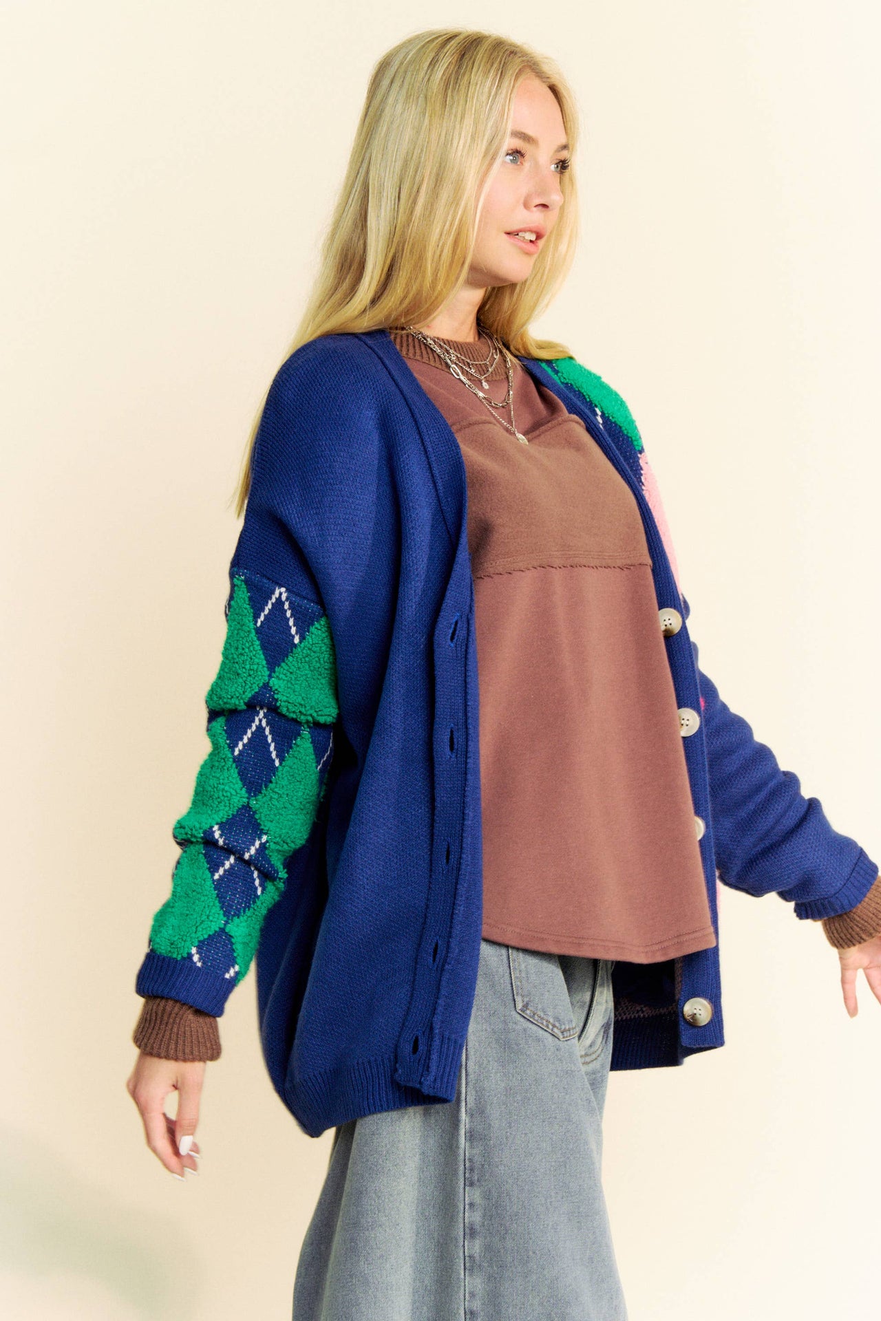 PLUSH ARGYLE BUTTON FRONT LOOSE FIT KNIT CARDIGAN