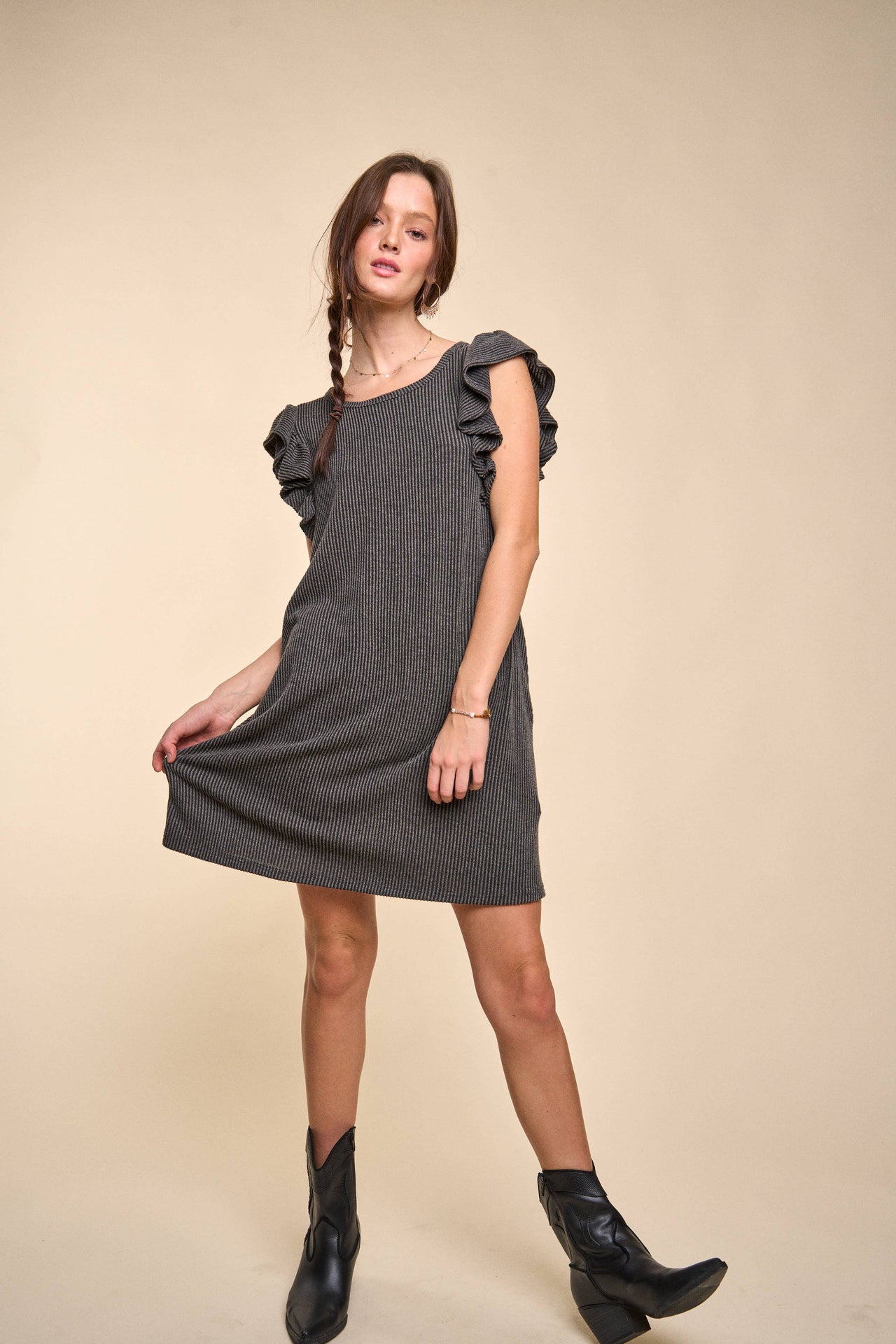 Solid ribbed ruffled short dress KRD4286