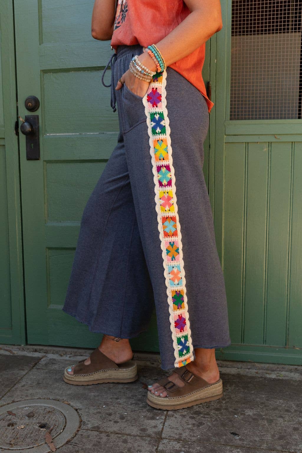 Love Seeker Crochet Panel Pants - Heather Navy: