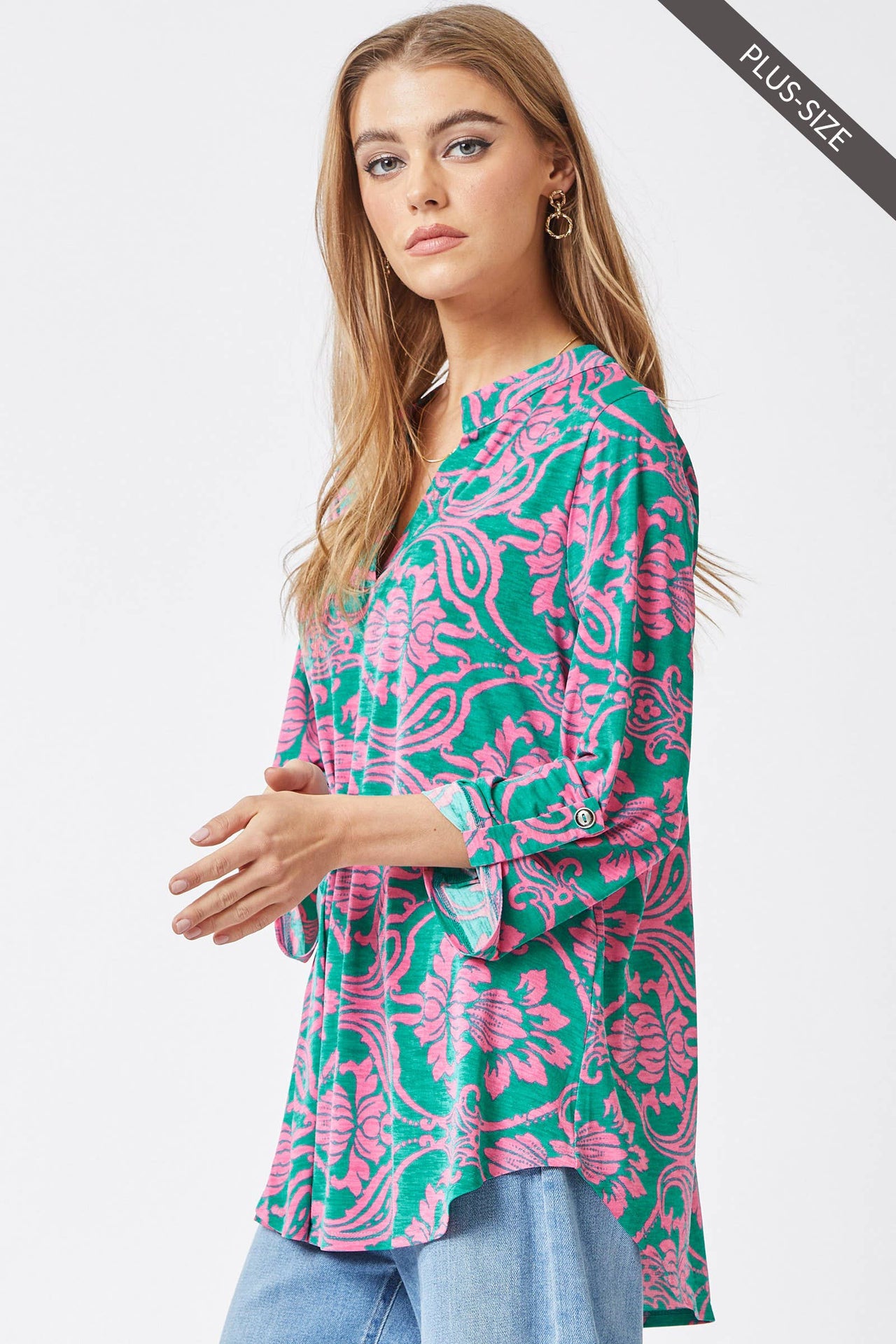 PLUS SIZE 3/4 Sleeve Lizzy Wrinkle Free Blouse: Emerald Pink