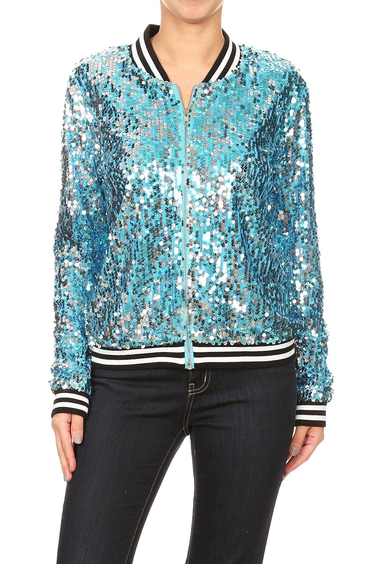 Sequin Bomber Zip-Up Jacket