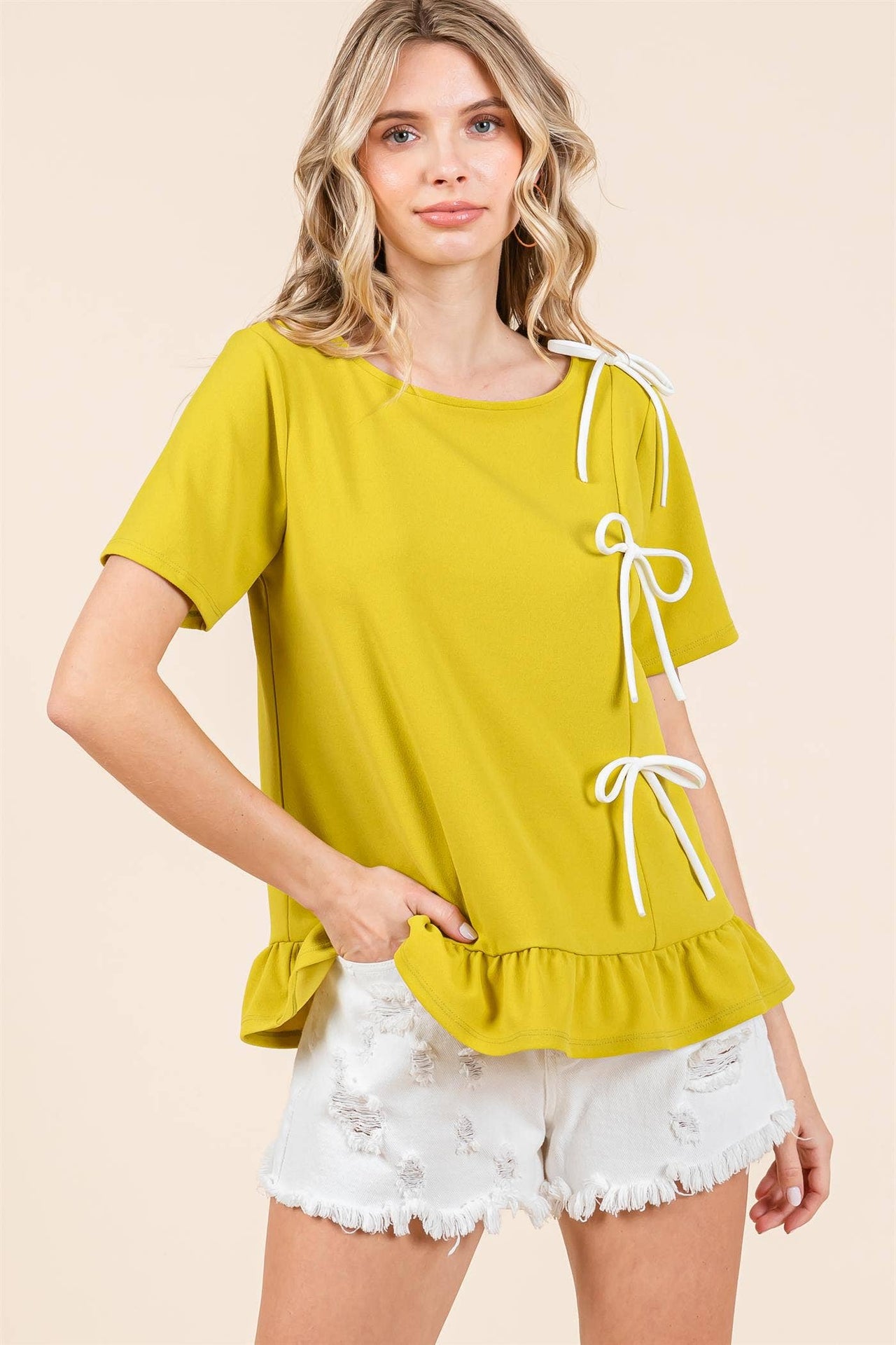 Plus 3-Bow Short Sleeve Top