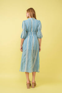 Thumbnail for Embroidered Geo Aztec Stripe Midi Dress: Blue