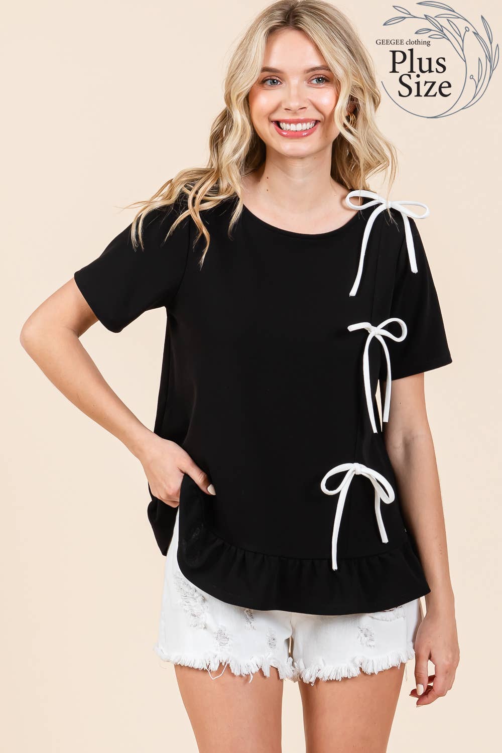 Plus 3-Bow Short Sleeve Top