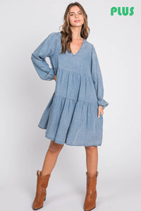 Thumbnail for Thin Denim Tiered Dress Plus Size- Light Denim