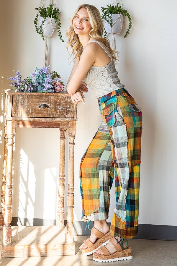 WASHED PLAID PATCHWORK PANTS