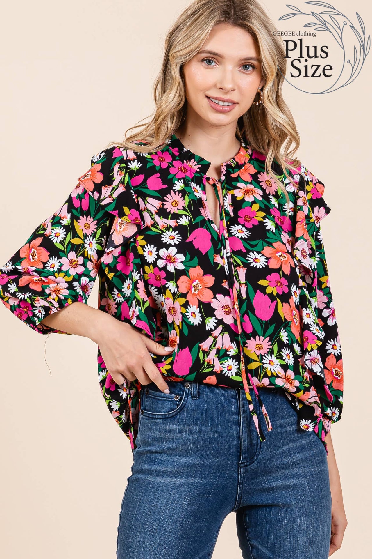 Plus Floral Print Ruffle Trim Blouse