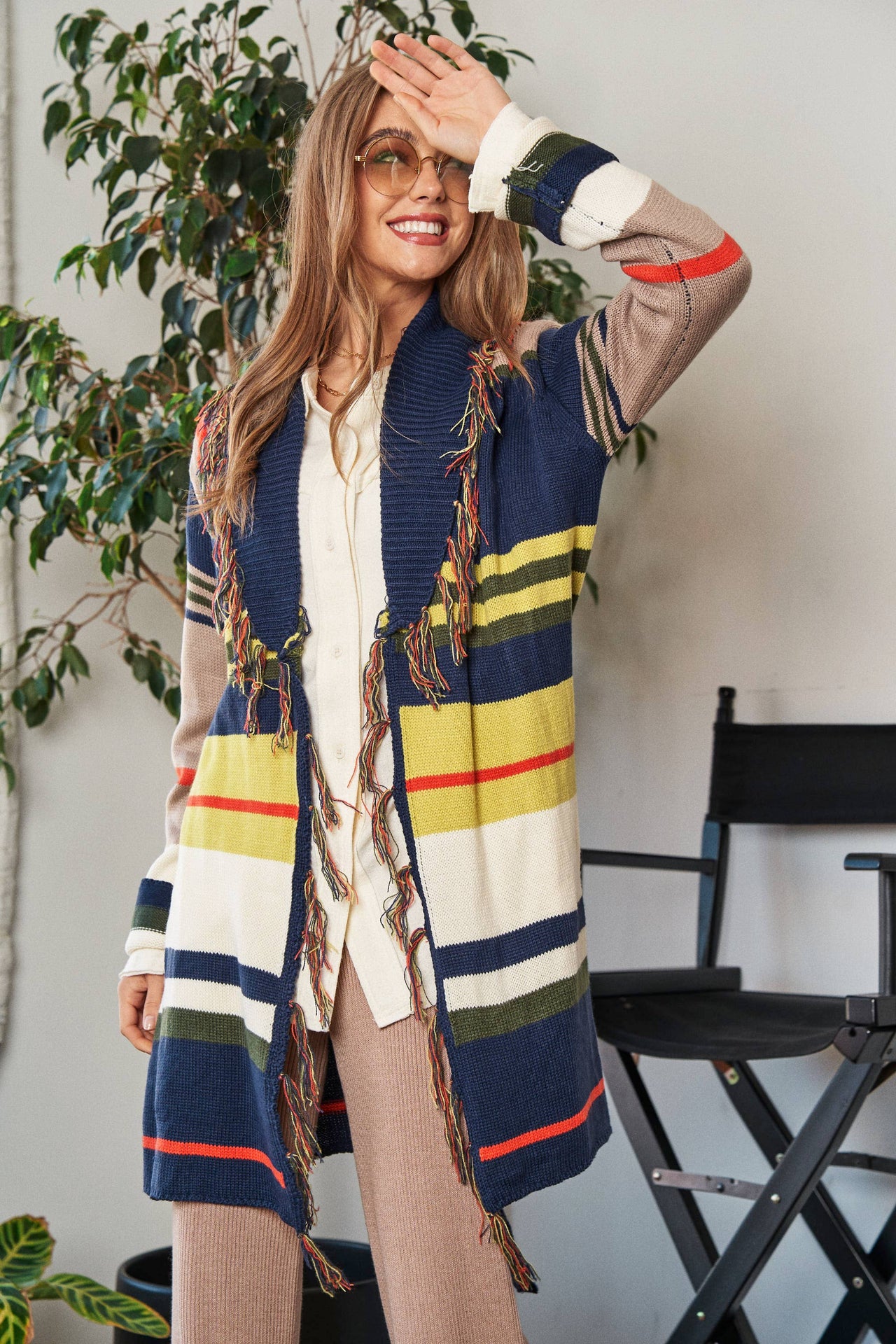 PLUS FRINGE TRIM WAIST TIE BELT STRIPED CARDIGAN