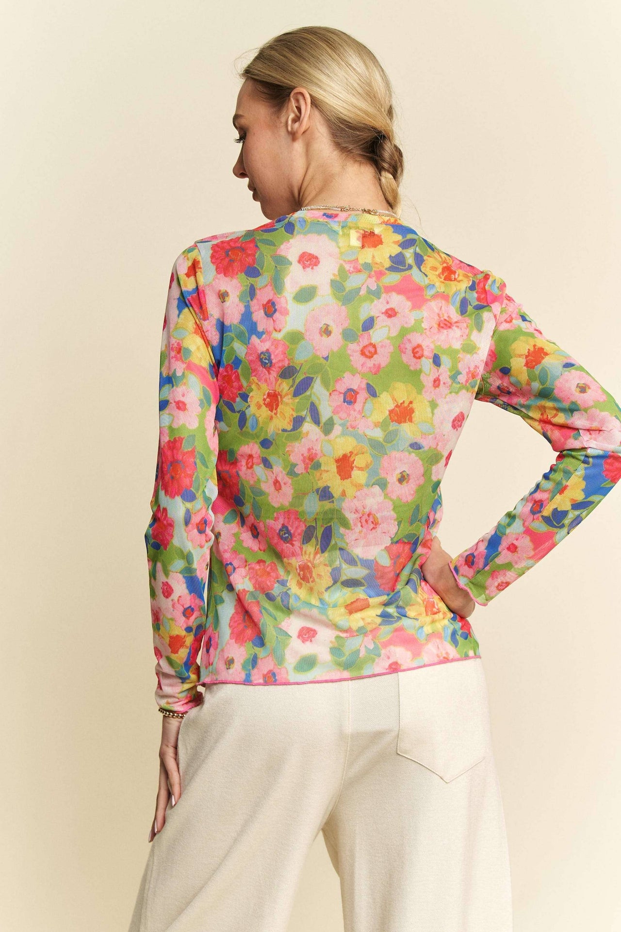 FLOWER PRINTED MESH ROUND NECK LONG SLEEVE TOP