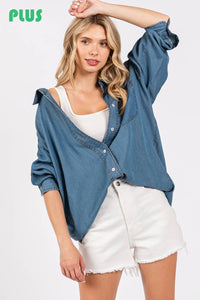 Thumbnail for V-NECK LAPEL COLLAR PLUS SIZE SHIRT- Denim: DENIM