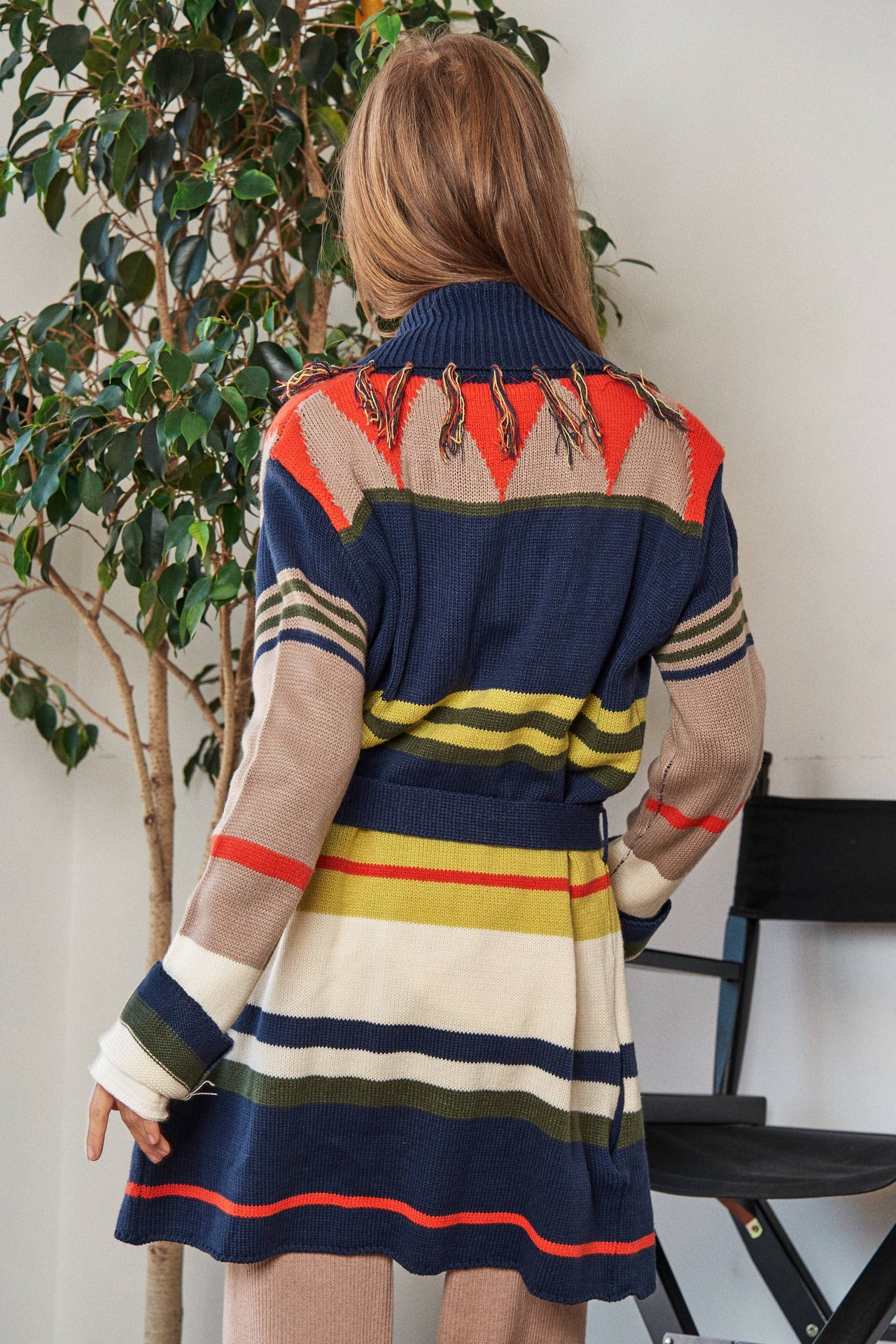 PLUS FRINGE TRIM WAIST TIE BELT STRIPED CARDIGAN