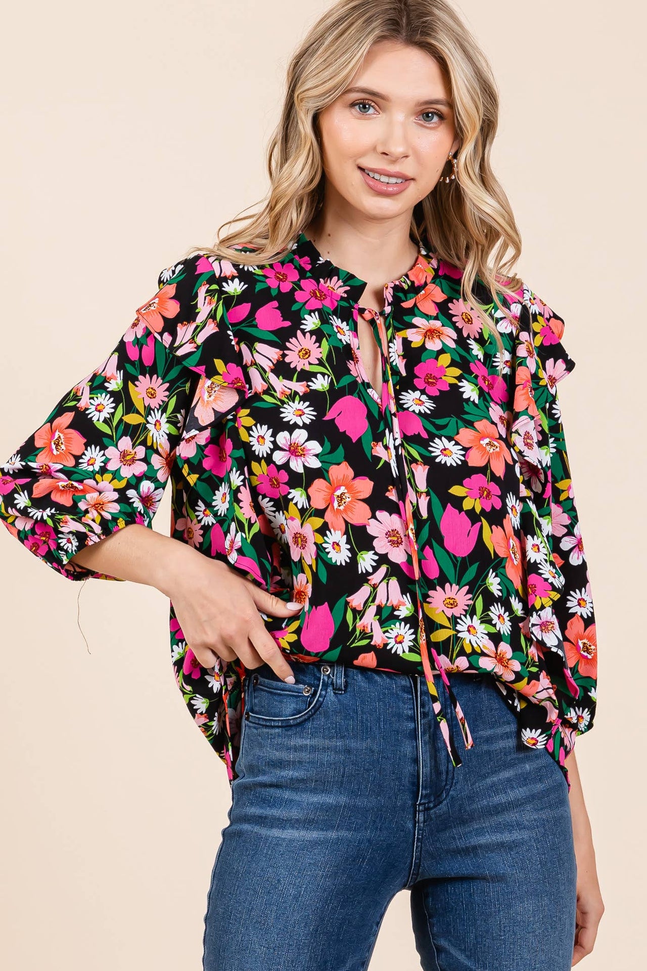 Floral Print Ruffle Trim Blouse