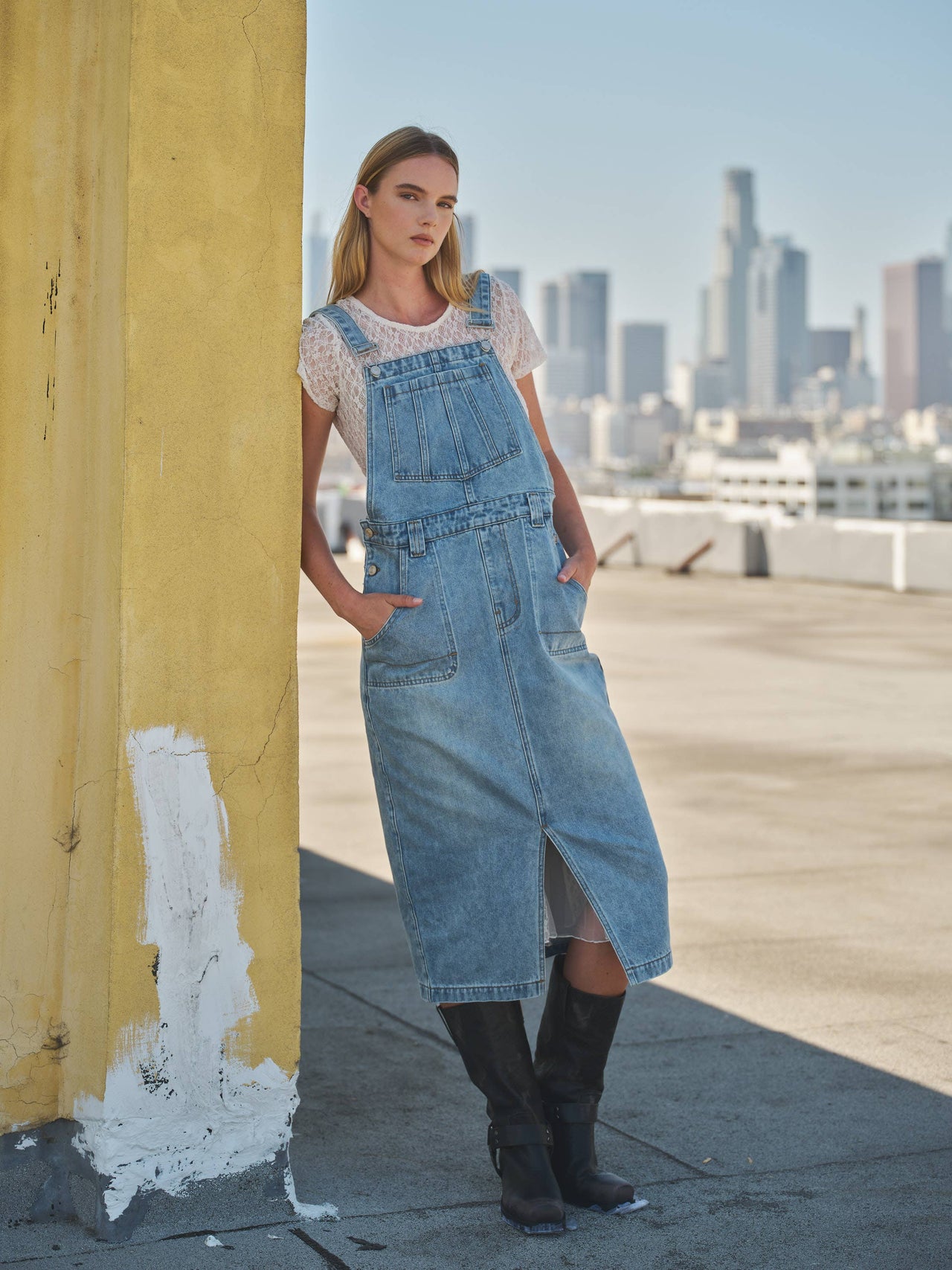 DENIM OVERALL MIDI SKIRTS