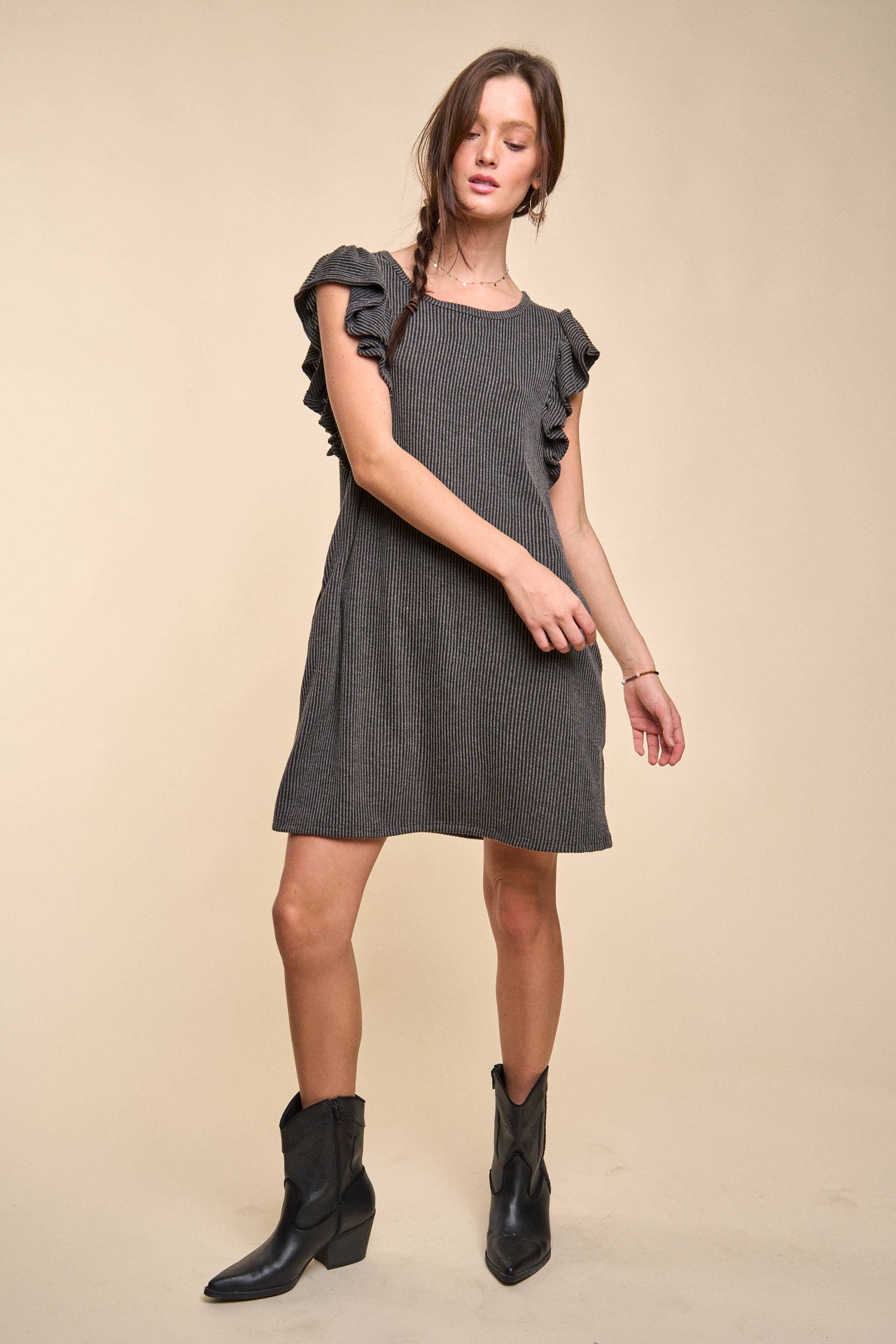 Solid ribbed ruffled short dress KRD4286