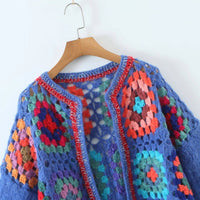 Thumbnail for Cropped Crochet flower Sweater Cardigan: Blue