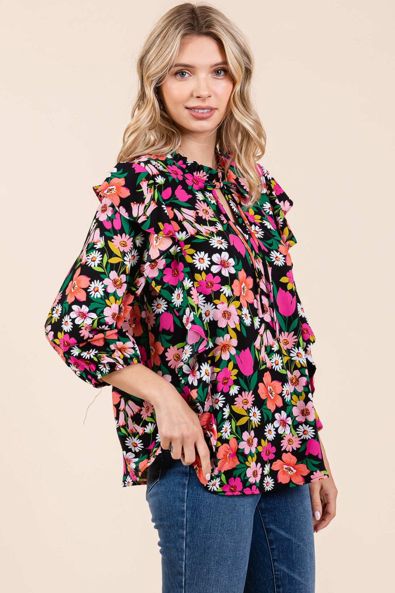 Floral Print Ruffle Trim Blouse