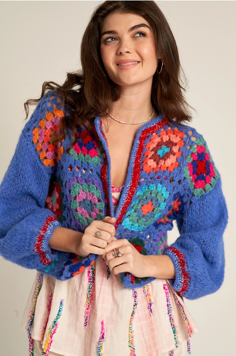 Cropped Crochet flower Sweater Cardigan: Blue