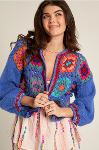 Thumbnail for Cropped Crochet flower Sweater Cardigan: Blue