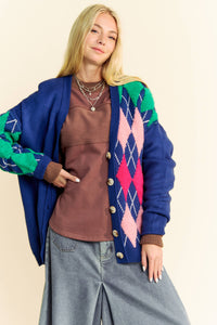 Thumbnail for PLUSH ARGYLE BUTTON FRONT LOOSE FIT KNIT CARDIGAN