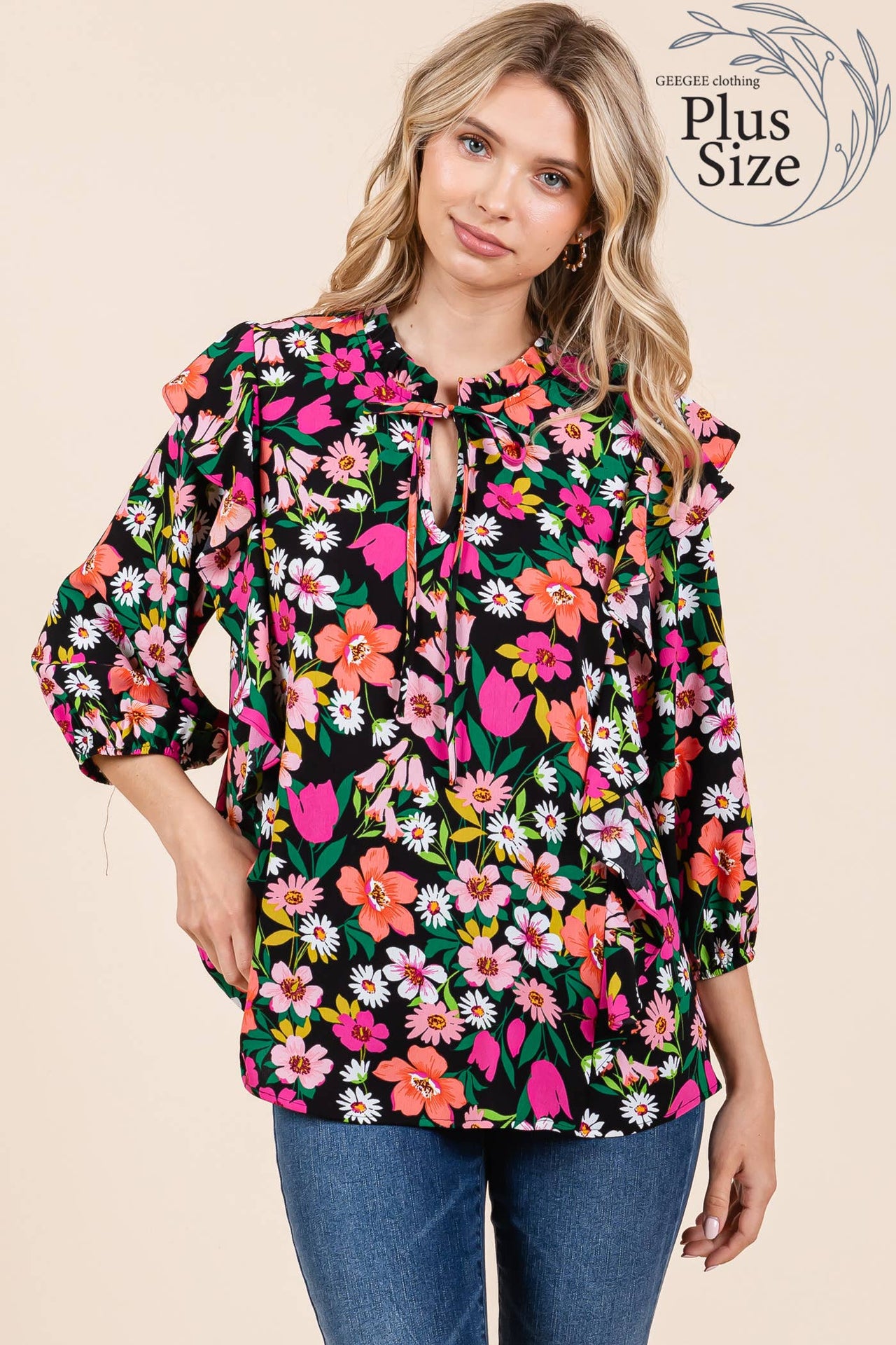 Plus Floral Print Ruffle Trim Blouse