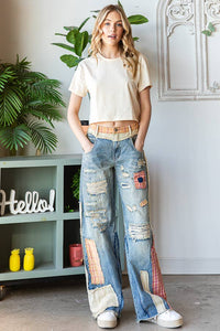 Thumbnail for PATCH DETAIL WIDE STRAIGHT DENIM Pants