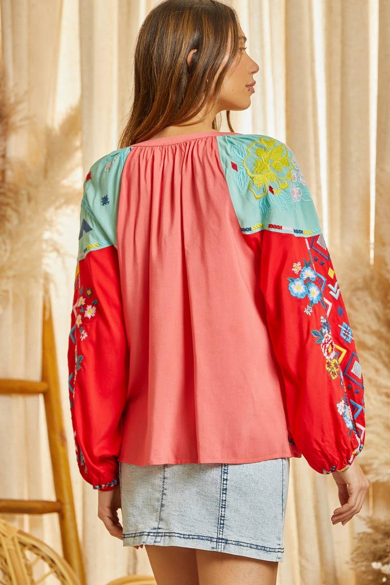 Embroidered Tunic Top CORAL MULTI