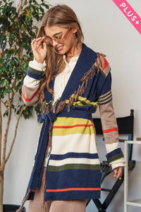 Thumbnail for PLUS FRINGE TRIM WAIST TIE BELT STRIPED CARDIGAN