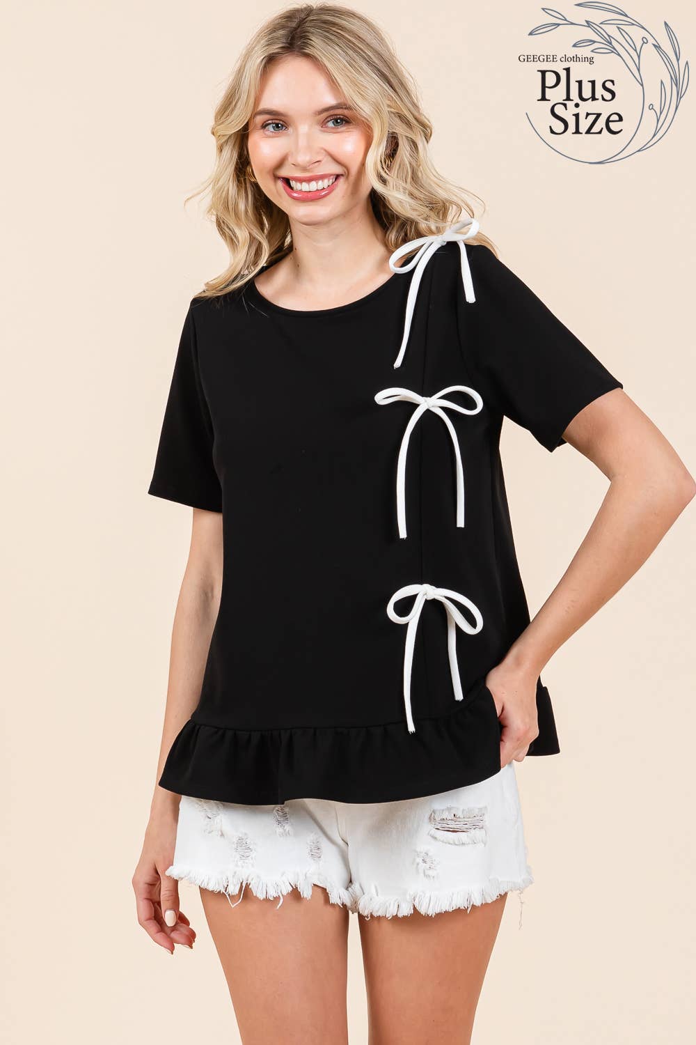 Plus 3-Bow Short Sleeve Top