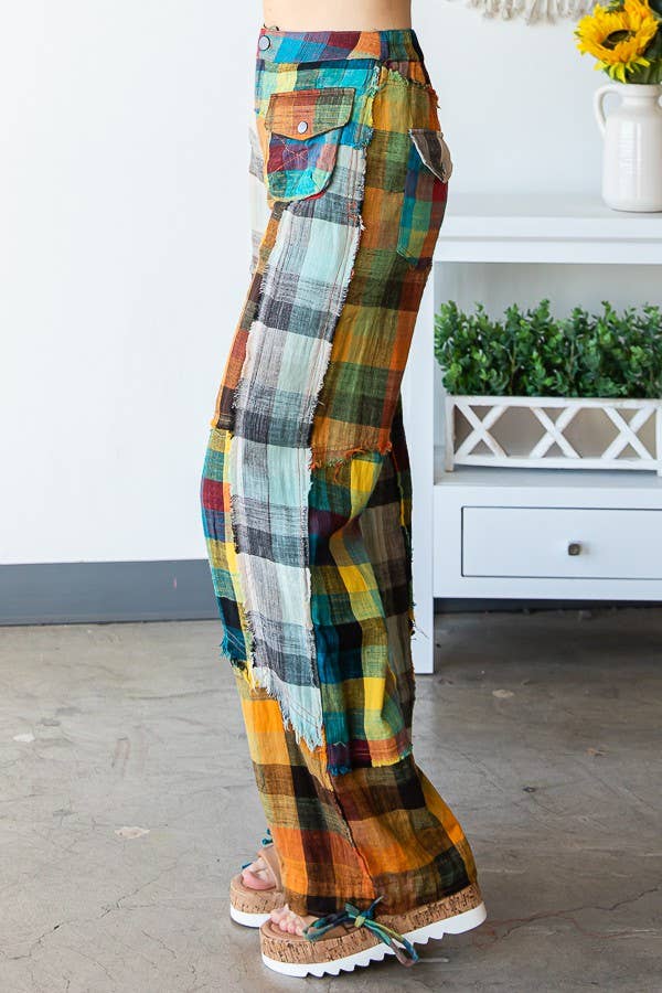 WASHED PLAID PATCHWORK PANTS