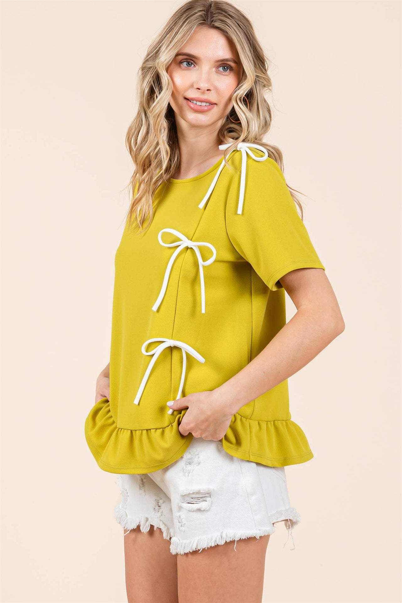 Plus 3-Bow Short Sleeve Top