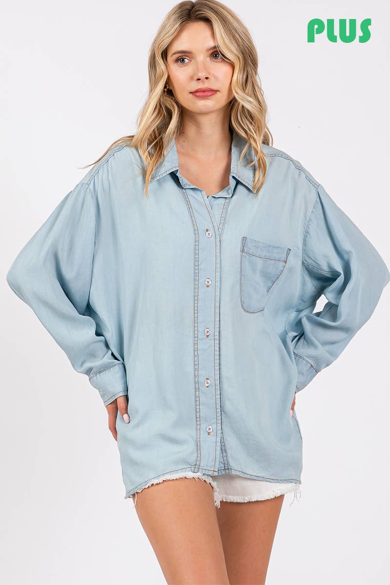 V-NECK LAPEL COLLAR PLUS SIZE SHIRT- L. Denim : LIGHT DENIM