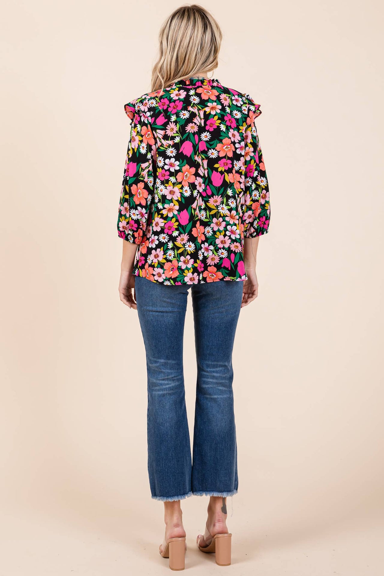 Floral Print Ruffle Trim Blouse