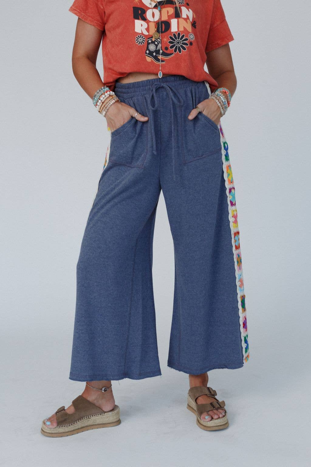 Love Seeker Crochet Panel Pants - Heather Navy: