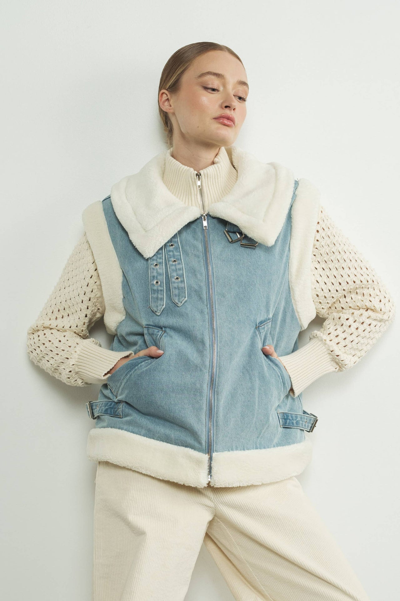 DENIM SHERPA MIXED VEST