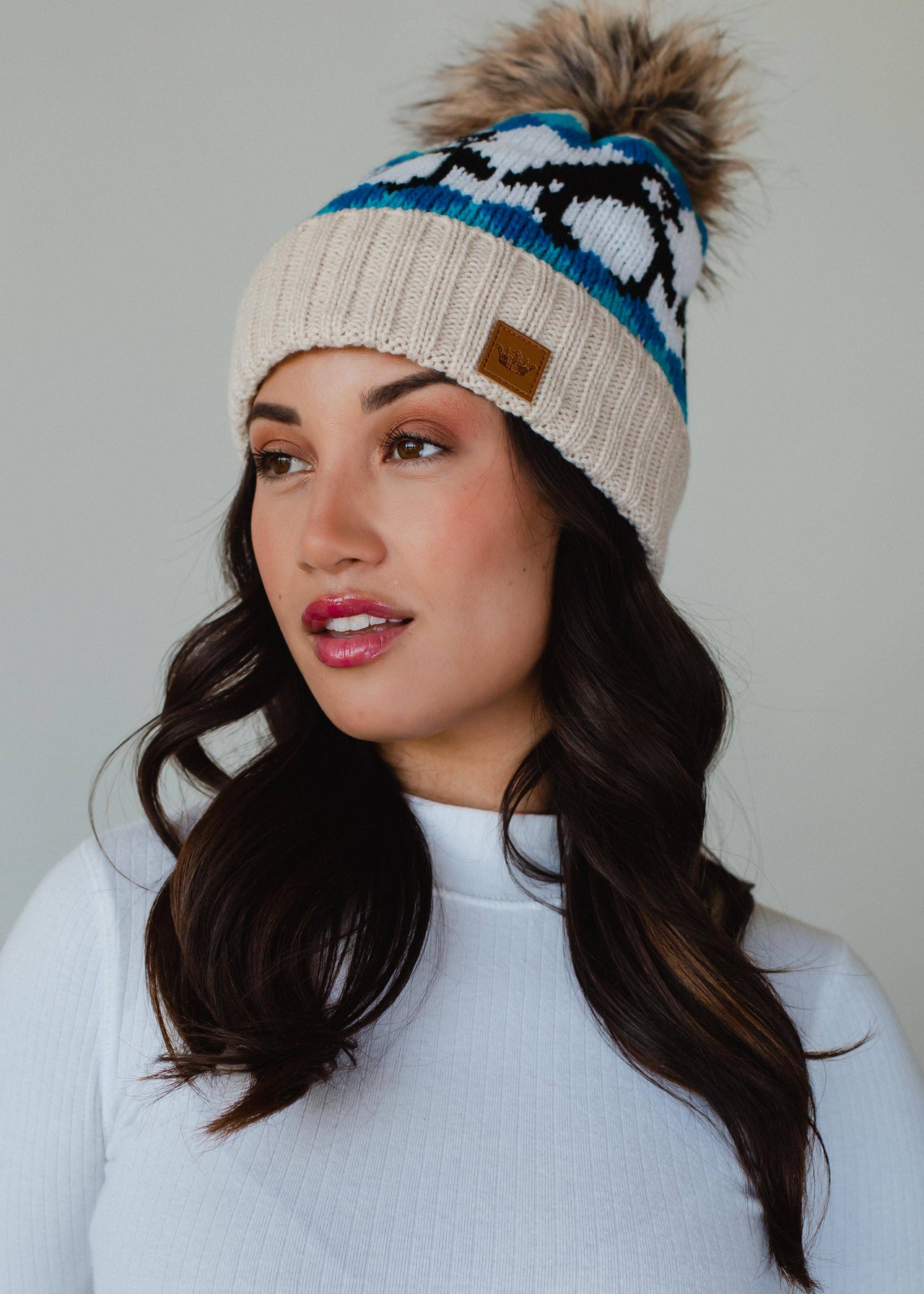 Beige & Blue Penguin Patterned Pom Hat