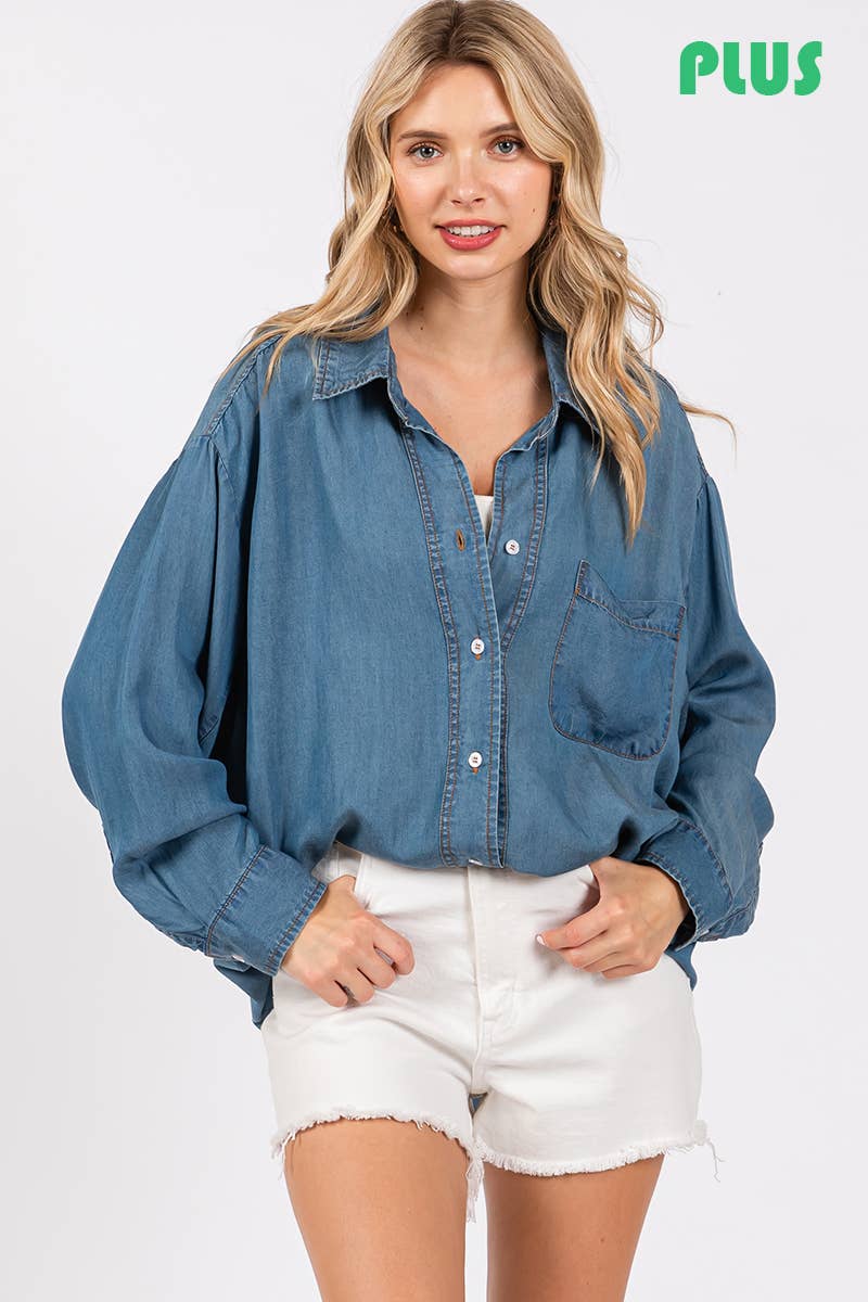 V-NECK LAPEL COLLAR PLUS SIZE SHIRT- Denim: DENIM