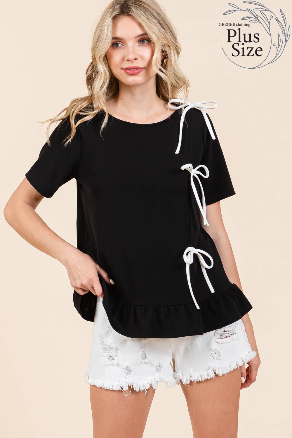 Plus 3-Bow Short Sleeve Top